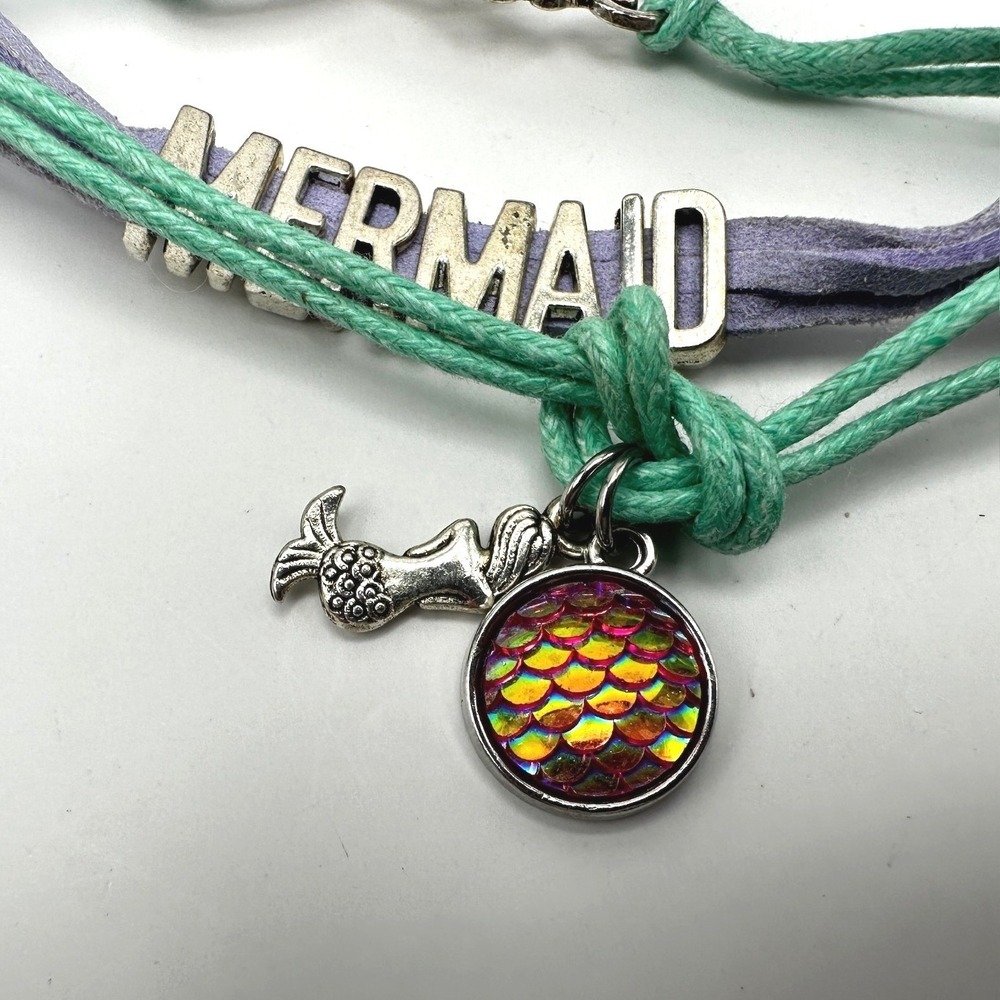 Vintage 90s Mermaid Multi-strand Bracelet Teal Purple Silver Tone Love Infinity